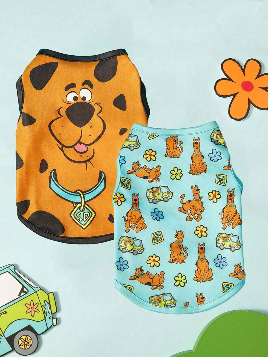 SCOOBY-DOO X PETSIN 2件裝棕色小狗花朵與汽車印花寵物上衣,超柔軟親膚面料,透氣輕盈,有助減少掉毛,讓您的寵物在日常穿著或戶外玩耍時保持涼爽舒適 - 彩色 - 查看 1