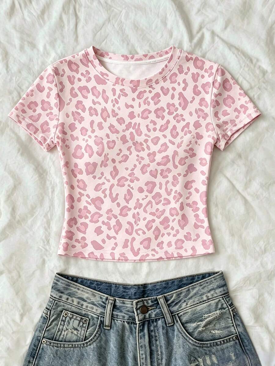 女童時尚個性化頂級粉色豹紋夏季休閒基礎修身短版上衣,舒適日常穿著 - 彩色 - 查看 1