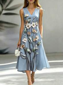 SHEIN Nuovo elegante abito lungo vintage blu stile vacanza francese, abito da donna con stampa digitale blu, adatto per estate, autunno e inverno, abito elegante da donna, abito da invitata a matrimonio da donna, abito elegante da festa da donna, abito da vacanza da donna, abito stile pastorale da donna, adatto per appuntamenti, vacanze, riunioni, abito blu da donna - Blu - Visualizzare 1