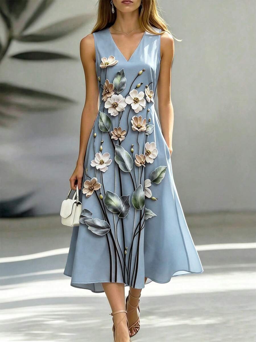 SHEIN Nuovo elegante abito lungo vintage blu stile vacanza francese, abito da donna con stampa digitale blu, adatto per estate, autunno e inverno, abito elegante da donna, abito da invitata a matrimonio da donna, abito elegante da festa da donna, abito da vacanza da donna, abito stile pastorale da donna, adatto per appuntamenti, vacanze, riunioni, abito blu da donna - Blu - Visualizzare 1