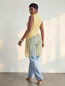 BamGlimmer Women's Solid Color High Neck Tassel Hem Sleeveless Knit Top - Yellow - View 3