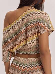 SHEIN SXY Atasan Lengan Pendek Leher Asimetris Bergaris Gelombang Beige Gaya Boho Kasual Liburan Pantai Musim Panas - MultiWarna - View 3
