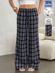 SHEIN Tall Women's Drawstring Waist Plaid Wide Leg Loose Casual Long Pants - Black - View 4