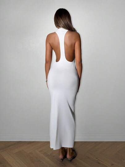 SHEIN ICON Đầm thời trang nữ ôm sát không tay hở lưng màu trơn