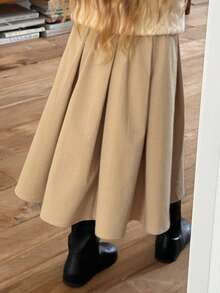 DAZY Loose A-Line Pleated Long Skirt Solid Color Cute Minimalist Young Girls Skirt Fall - Khaki - View 9
