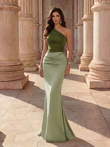 Coutiva Adult Elegant Bridesmaid Dress With Ruffle Asymmetric Hem - Olive Green - View 1