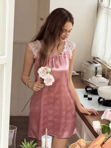 LuxeNights Women's Satin Full Print Heart Patchwork Lace Nightgown - Dusty Pink - View 3