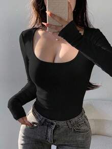 DAZY 女款休閒百搭純色長袖T恤 - 黑色 - 查看 8