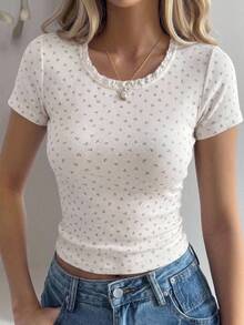 DAZY Women's Floral Print Short Sleeve T-Shirt, Fresh Korean Style, Girlish Summer - White - View 4
