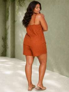 ELLERISSA Plus Size Burnt Orange Linen-Like Cami & Shorts Co-Ord Set - Burnt Orange - View 2