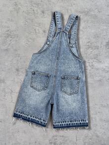 SHEIN Kids Boys' Black Denim Loose Fit Cross Pattern Overalls Shorts - Light Wash - View 2