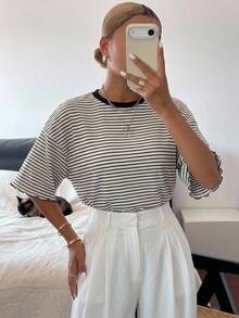 FRIFUL Women's Wavy Striped Loose Contrast Trim Short Sleeve T-Shirt, Summer Casual Wear - Black and White - View 3