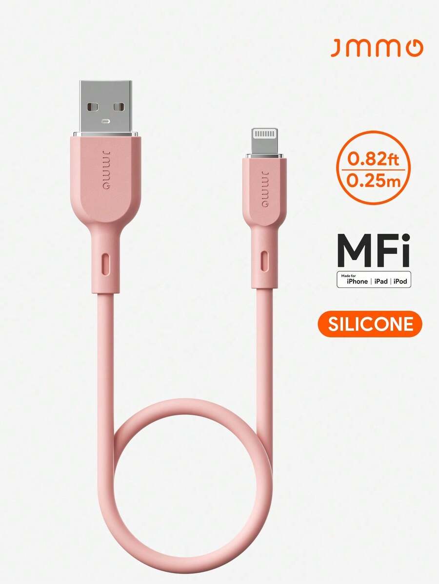 JMMO 矽膠 USB-A 轉 Lightning 傳輸線，USB 轉 Lightning 充電線 0.82FT/0.25M [MFi 認證] - 粉色 - 查看 1