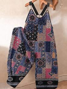 GlowEve CURVE Jumpsuit Kasual Motif Bohemian untuk Wanita Ukuran Besar, Cocok untuk Liburan Musim Semi/Panas dan Pemakaian Sehari-hari - Navy Blue - View 1