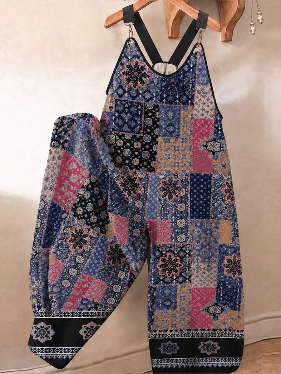 GlowEve CURVE Jumpsuit Kasual Motif Bohemian untuk Wanita Ukuran Besar, Cocok untuk Liburan Musim Semi/Panas dan Pemakaian Sehari-hari - Navy Blue - View 1
