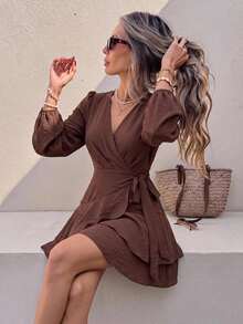 Serisse Women's Solid Color V-Neck Pleated Casual Daily Wear Dress,Fall/Winter ,Formal ,Business ,Chic ,Back To School,Christmas,New Year ,Going Out - Apricot - View 4