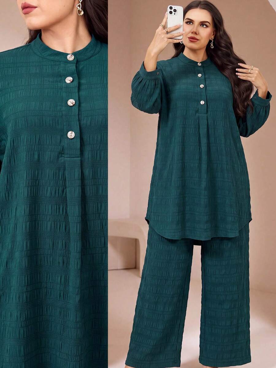 Veilorie Plus Size Women Green Color Button Half-Placket Long Sleeve Shirt And Wide Leg Pants Casual 2-Piece Set - Green - View 1