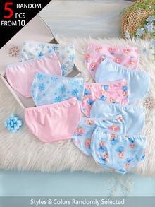 SHEIN 5件組隨機盲盒女童幼兒內褲，可愛公主印花組合系列，附蝴蝶結、雪花、黃色光芒等萌系元素，粉色、藍色、紫色、白色配色，柔軟光滑觸感，針織布料製成，高彈性內褲套裝，適合四季輕便穿著 - 彩色 - 查看 2