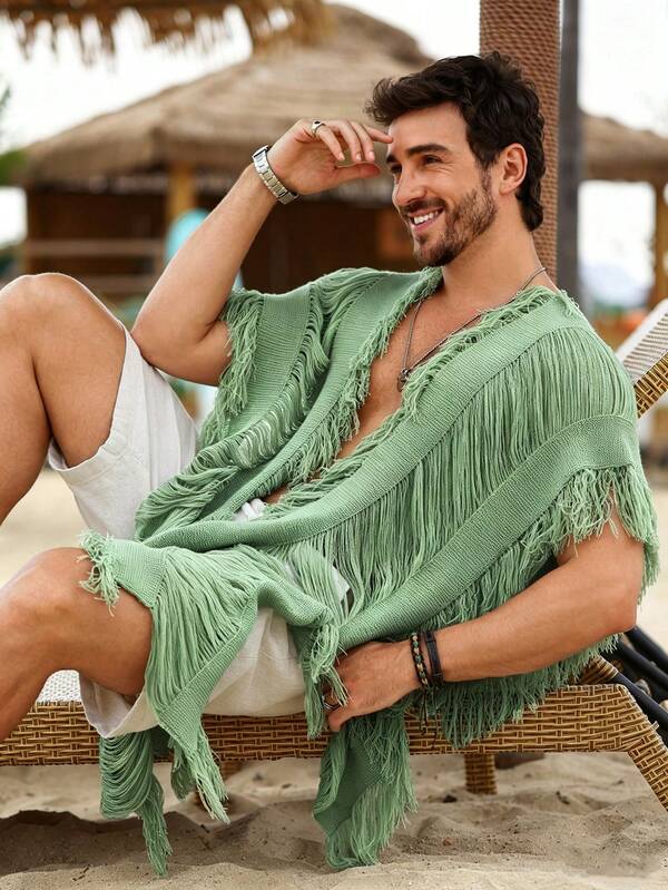 Manfinity RSRT Men's Solid Color Tassel Design Loose Knit Cardigan For Vacation