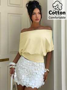 Aloruh Women's Spring/Summer Vacation Solid Color Yellow Mint Green Sexy Backless Loose Off-Shoulder Tie-Front T-Shirt, Suitable For Vacation, Party, Date, Music Festival, Y2K - Light Yellow - View 2