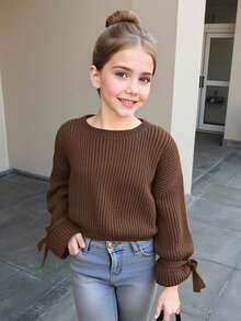 SHEIN Tween女孩純色圓領休閒日常長袖秋冬針織衫 - 棕色 - 查看 2