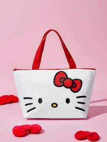 HELLO KITTY AND FRIENDS | SHEIN 蝴蝶結卡通臉印花保溫午餐手提袋，大容量保溫冷藏袋，適合女生學生，便攜手提包，適用日常通勤、野餐食物儲存 - 白紅 - 查看 2