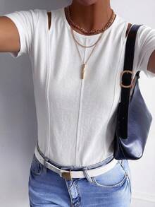 FRIFUL Women's Solid Color Slim Fit Casual Short Sleeve T-Shirt, Suitable For Spring And Summer - White - View 3