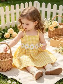 Souflis Souflis Baby Girls Cute Gingham Pinafore Dress With Applique Decor - Yellow - View 10