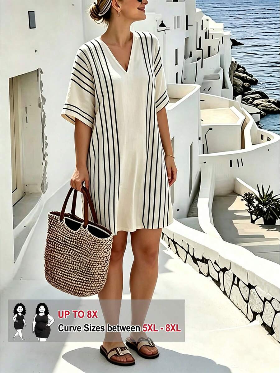 SHEIN CURVE+ Summer Fashion Casual Vacation French Vintage Elegant Commuter V-Neck Striped Print Dress - Apricot - View 1