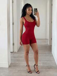 BamGleam Women's Solid Color Sleeveless Bodycon Romper - Burgundy - View 8