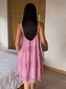 DAZY 女款蕾絲拼接百褶休閒居家吊帶睡裙 - 粉色 - 查看 2