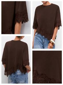 Maija Women's Solid Color Lace Patchwork Asymmetrical Hem T-Shirt - Brown - View 3