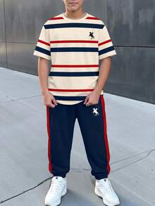 Tween Boy Casual Comfortable Fashion Minimalist Crew Neck Short Sleeve T-Shirt And Long Pants Set, Classic Retro Striped Pattern Print, Exquisite Knight Pony Logo Print, Suitable For Back To School Season - Multicolor - View 1