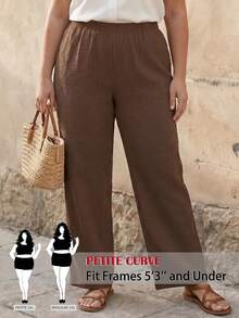SHEIN PETITE CURVE Plus Size Casual Solid Color Pants For Vacation And Versatile Wear - Brown - View 5