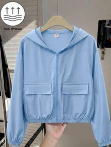 SHEIN 青少年女孩編織素色貼袋短版寬鬆休閒連帽外套 - 藍色 - 查看 7