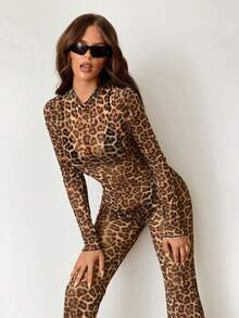 SHEIN ICON Y2k Women's Halloween Sexy Leopard Print Backless Casual Daily Wear Tight Fit Jumpsuit Flare Pants - Multicolor - View 6