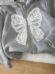 SHEIN Grå och vit blommig sweatshirt med rosettdekor för flickor, huva, höst- och vinterjacka, lämplig för utflykter - Grå - Visa 5
