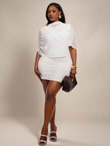 Radiana Curve Plus Size Women's Mesh Asymmetrical Draped Sleeve Mock Neck Bodycon Mini Dress - White - View 6