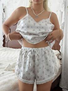 CottageSlumber Cute Rabbit Print Lace Trim Camisole Women's Pajama Set - White - View 6
