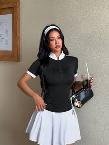 Gameset SHEIN Sport Women's Color Block Stand Collar Casual Daily Equestrian Short Sleeve Top - Black and White - View 4
