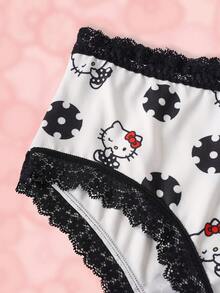 HELLO KITTY AND FRIENDS | SHEIN Celana Dalam Wanita Motif Kartun Huruf dengan Renda Kontras - Hitam dan Putih - View 4