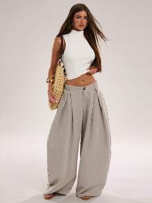 SHEIN Tall CURVE Plus Size Fashion Commuter Striped Curved Leg Pants Fall - Brown - View 4