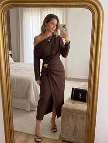 SHEIN Frenchy Women's Casual Commute Solid Color Asymmetric Collar Wrap Dress - Brown - View 3