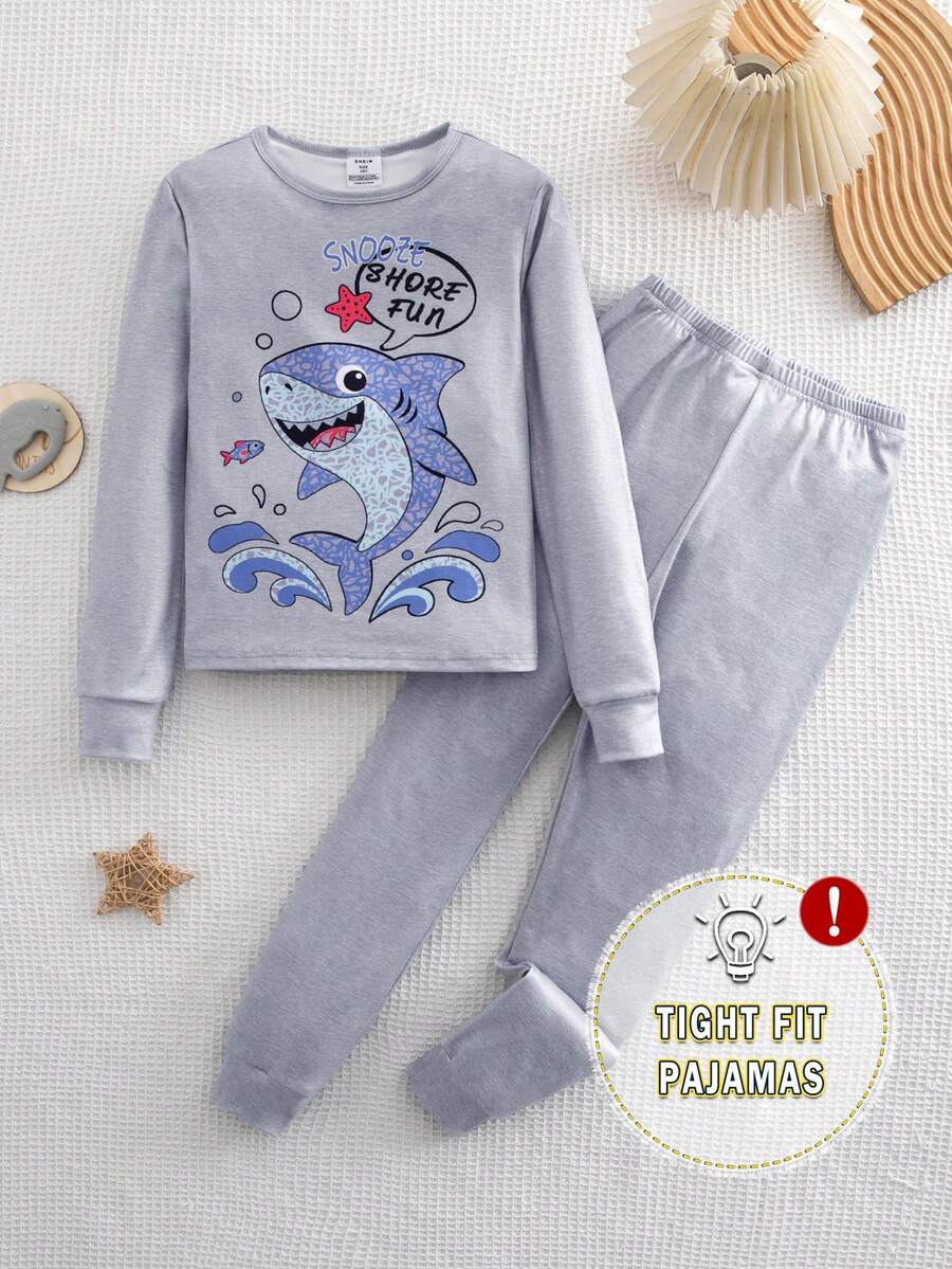 SHEIN Fun Beach Shark Cartoon Snug Fit Smooth Long Sleeve Pajamas For Big Boys, High Elasticity Slim Fit Home Wear 2 Pieces Set