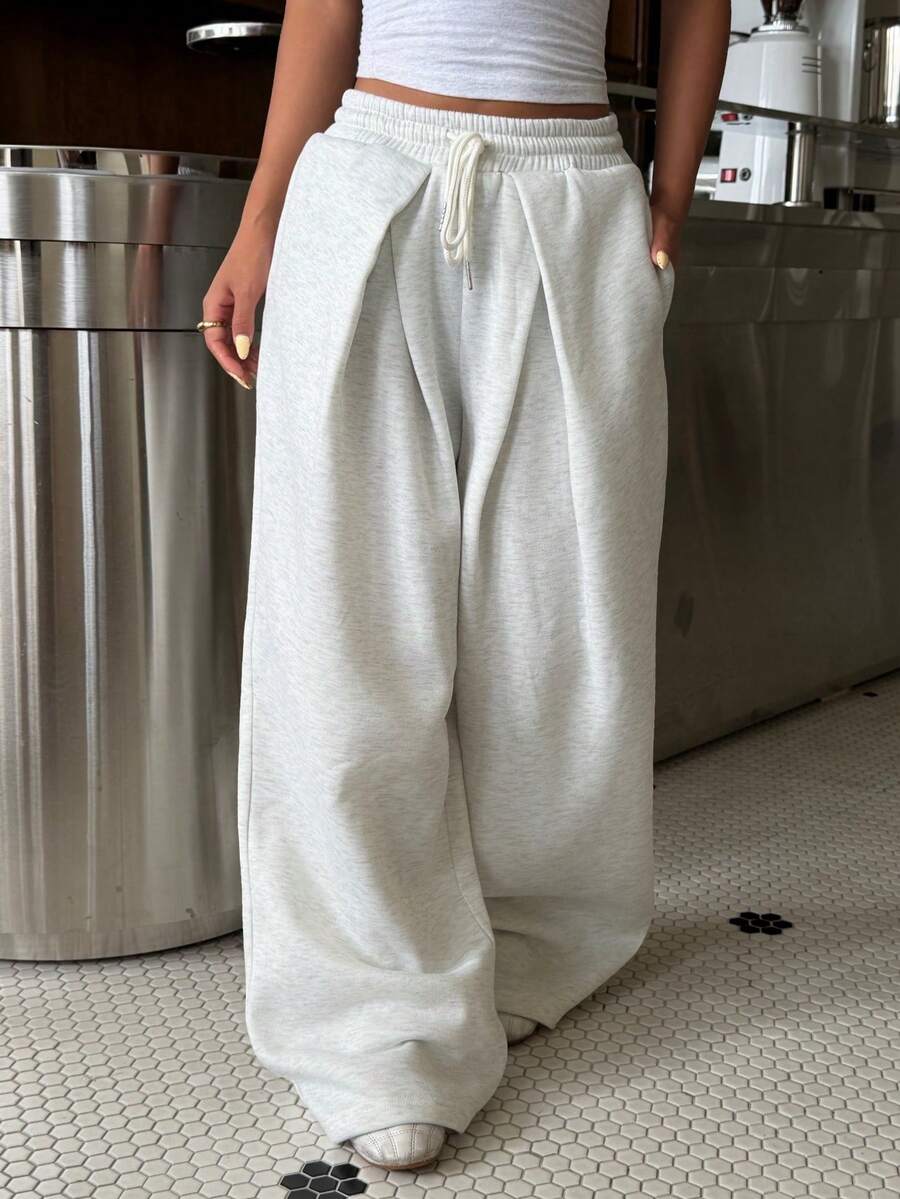 Muchica Women's Autumn/Winter New Light Gray Thermal Lined Pleated Casual Loose Sweatpants For Going Out, Streetwear ,Gray Pants - Light Grey - View 1