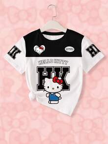 HELLO KITTY AND FRIENDS | SHEIN 少女圆领短袖可爱卡通印花休闲T恤 - 白色 - 查看 3