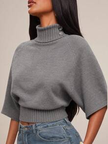 Radiana Curve Plus Size Women's Autumn/Winter High Neck Metal Button Decor Mid-Sleeve Loose Fit Pullover Sweater Top, Multiple Styling Possibilities, Vintage - Grey - View 3