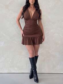 SHEIN Unity Women's Solid Color V-Neck Short Dress Night Out Club Coffee Brown Summer Sexy Casual - Brown - View 1