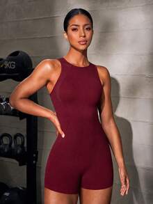 Solea Cove Solea Cove 1pc Burgundy Racerback Seamless Sports Short Jumpsuit, Slim Bodycon Fit, For Gym Weightlifting Workout Summer - Burgundy - View 6