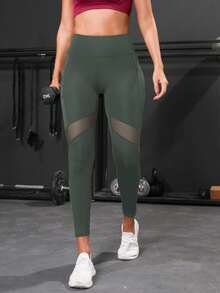 Powerista Solid-Color Mesh Contrast Sheer Sports Leggings Yoga Women Pants - Army Green - View 4